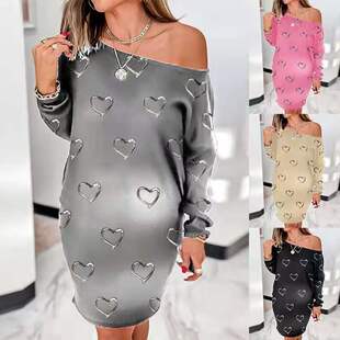 round neck long Female loose shoulder sleeved dress oblique