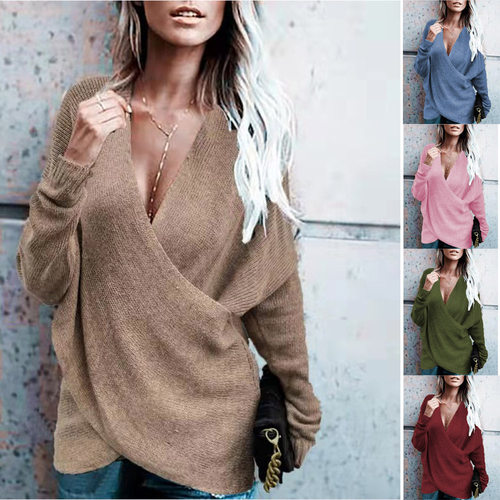 Autumn women cross loose knit sweater秋女交叉宽松针织衫毛衣