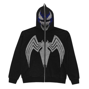 Women Hip Hop Spider Bone Sticky Diamond Black Zipper Hoodie