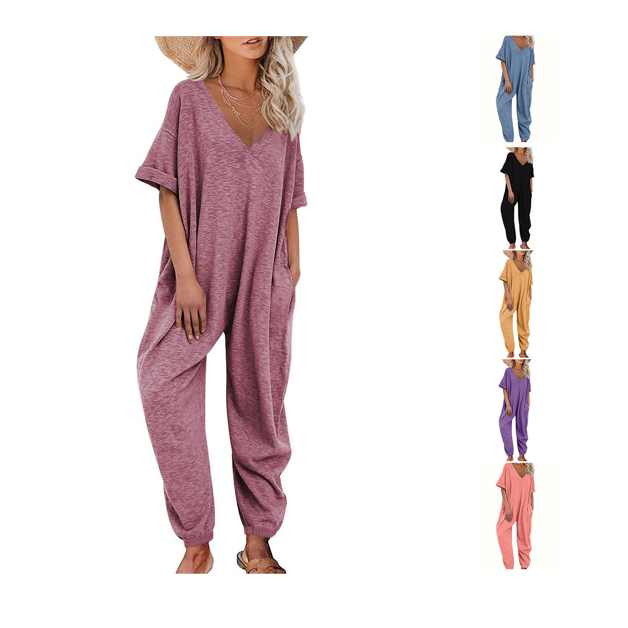 Women's short sleeved V-neck jumpsuit女V领连身裤短袖长连身裤