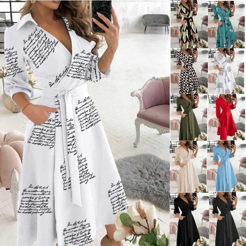 Long sleeved V-neck printed bag buttocks women's dress连衣裙