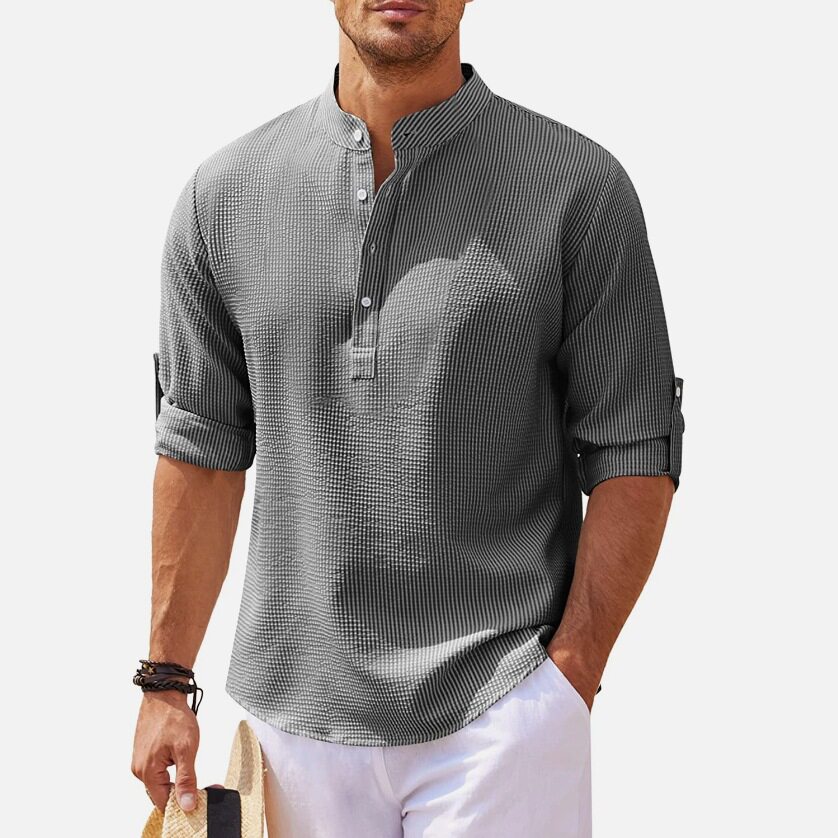 Men's sleeveless open button stand up collar shirt菠萝纹衬衫