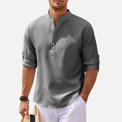 Men's sleeveless open button stand up collar shirt菠萝纹衬衫