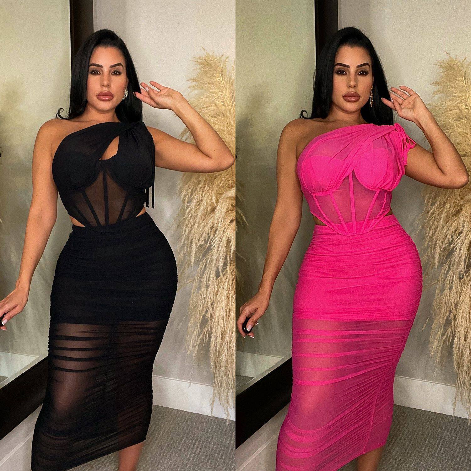 Women's mesh two-piece skirt set欧美女装性感网纱单件两件套裙