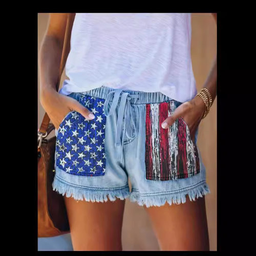 High waisted drawstring women short jeans高腰抽绳牛仔短裤女
