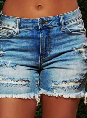 Women's ripped oversized denim shorts破洞毛边大码牛仔短裤女