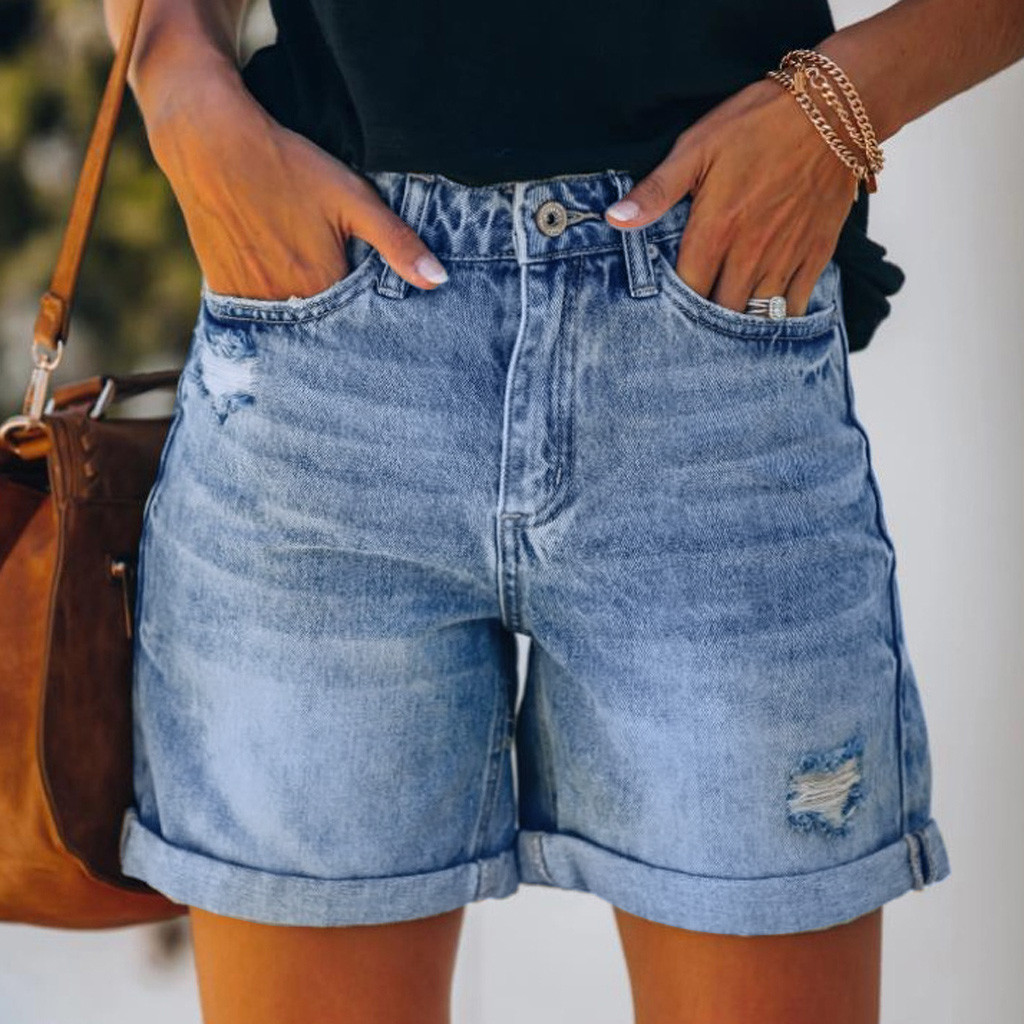 Women's oversized ripped denim shorts破洞女士牛仔短裤女热裤