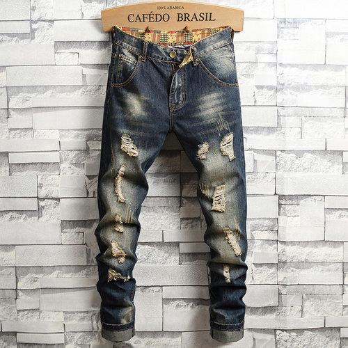 Men ripped, washed slim fit straight leg pants jeans牛仔裤男