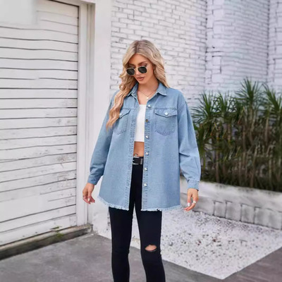 Women's retro casual mid length long sleeved denim jacket