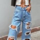 女 cut waisted High ripped thin leg jeans牛仔裤 wide women