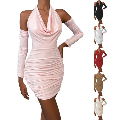 Women's long sleeved backless swing collar dress女包臀连衣裙