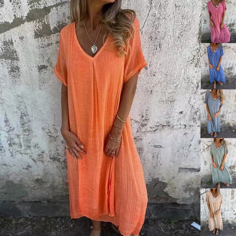3XL women's summer loose dress with short sleeves and V-neck