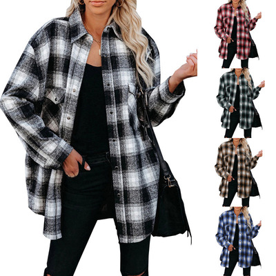 Women's long loose checkered shirt女秋冬格子衬衫中长款衬衣