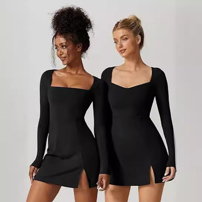 Women's square neck slim fit long sleeved dress女长袖连衣裙