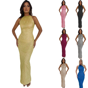 slit dress女連衣裙 Women sleeveless and shiny sexy dress