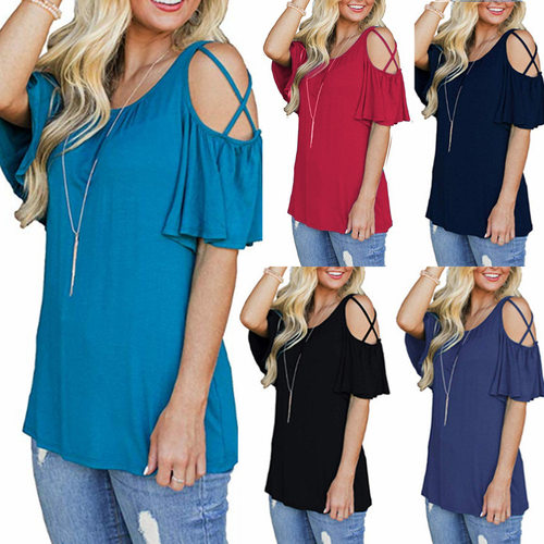 Women solid color off shoulder short sleeved top露肩短袖上衣