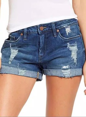 Stretch ripped denim shorts for women弹力破洞牛仔短裤女