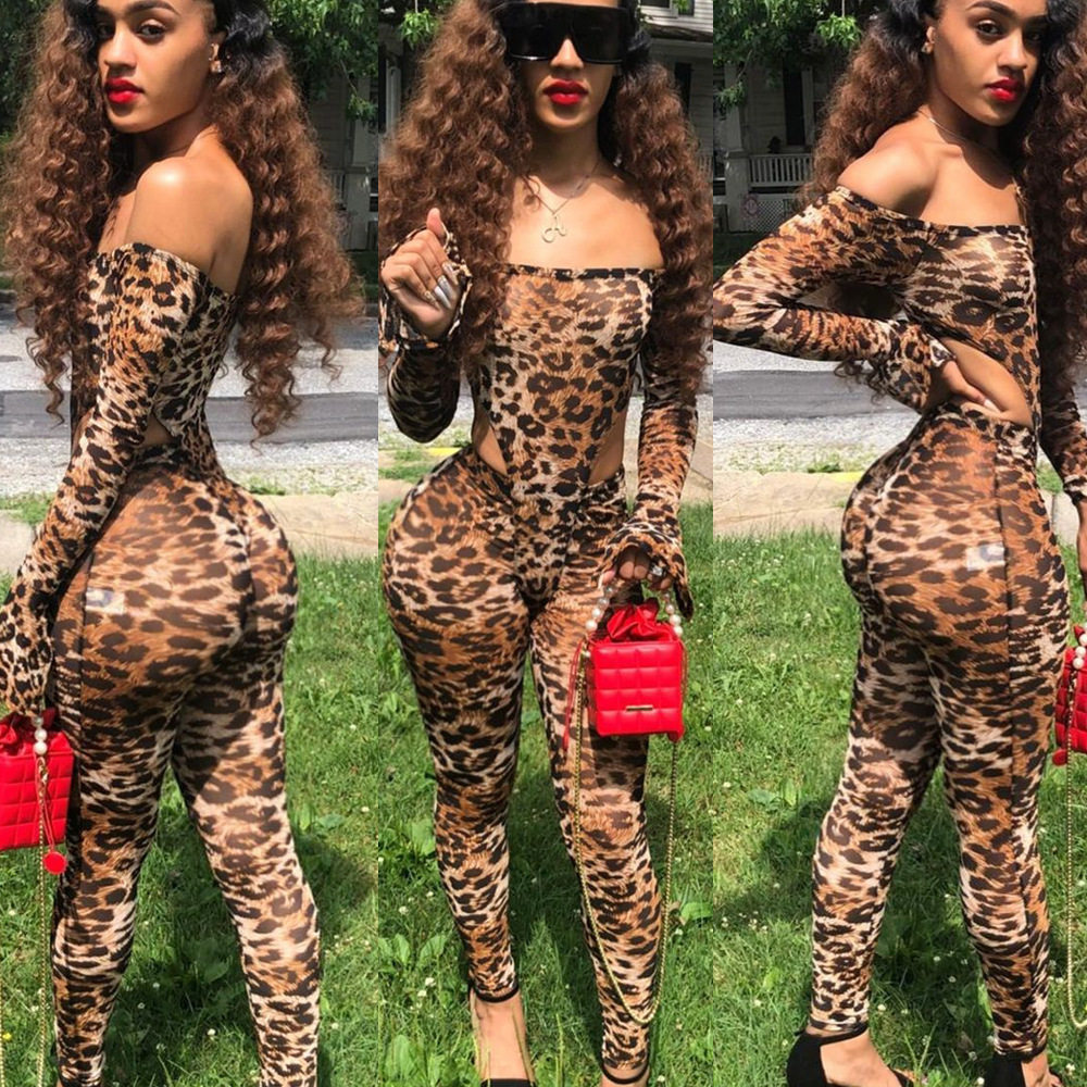 Sexy Leopard Print Long Sleeve Jumpsuit 性感豹纹长袖连体裤