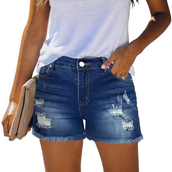 Women's denim shorts with holes高腰牛仔短裤破洞毛边热裤潮