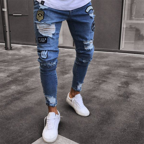 S-4XL Men's Badge Piercing Tight Jeans徽章男牛仔裤破洞修身