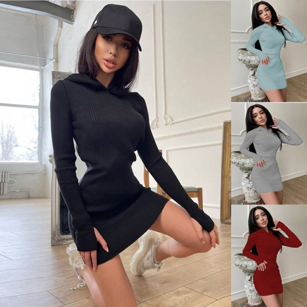 Women pullover hooded knitted sexy slim fit mid length dress