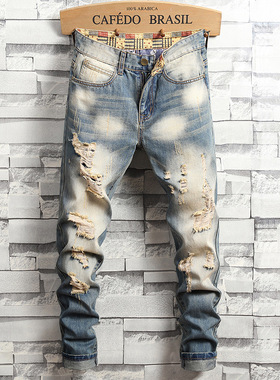 Men's retro washed slim fit ripped jeans复古水洗牛仔裤男修身