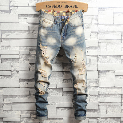 Men's retro washed slim fit ripped jeans复古水洗牛仔裤男修身
