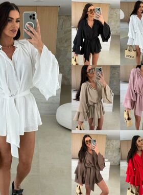 V-neck irregular lace up long sleeved loose dressv领连衣裙