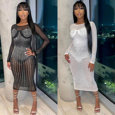 Women's sexy mesh jumpsuit with long sleeves女烫钻连体衣长袖