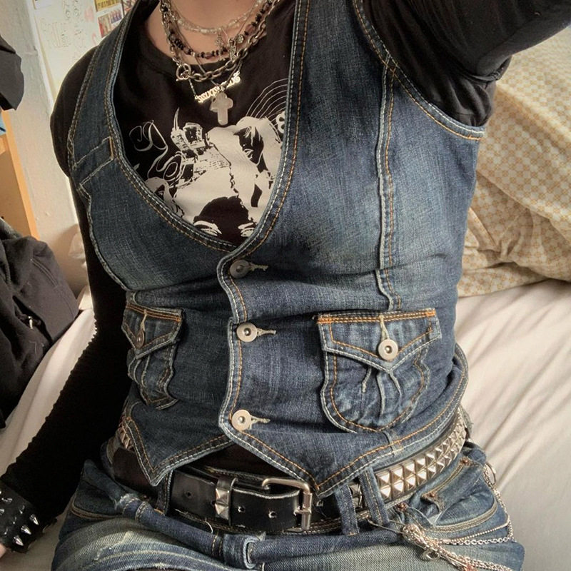 Women's denim vest sexy tight fitting性感修身牛仔马甲女