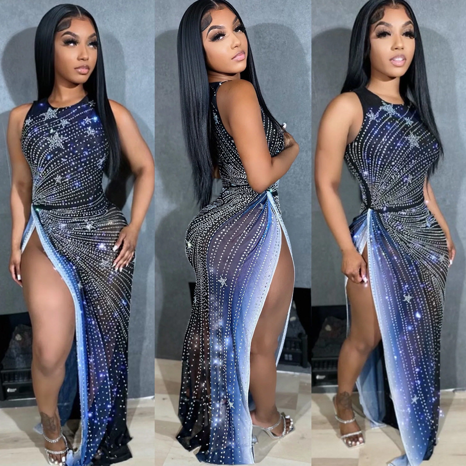 Women's rhinestone split dress女装性感网纱烫钻印花开叉连衣裙