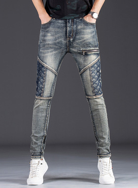 Men embroidered patchwork elastic slim fit jeans男刺绣牛仔裤