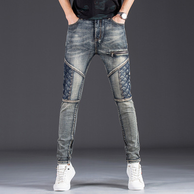 Men embroidered patchwork elastic slim fit jeans男刺绣牛仔裤