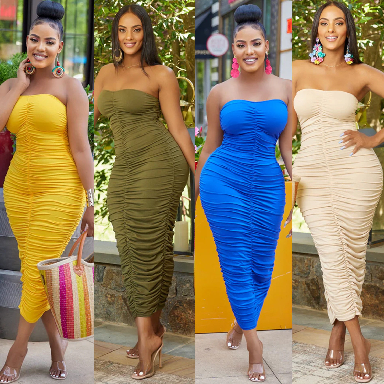 Women's chest wrapped pleated solid color mid length dress