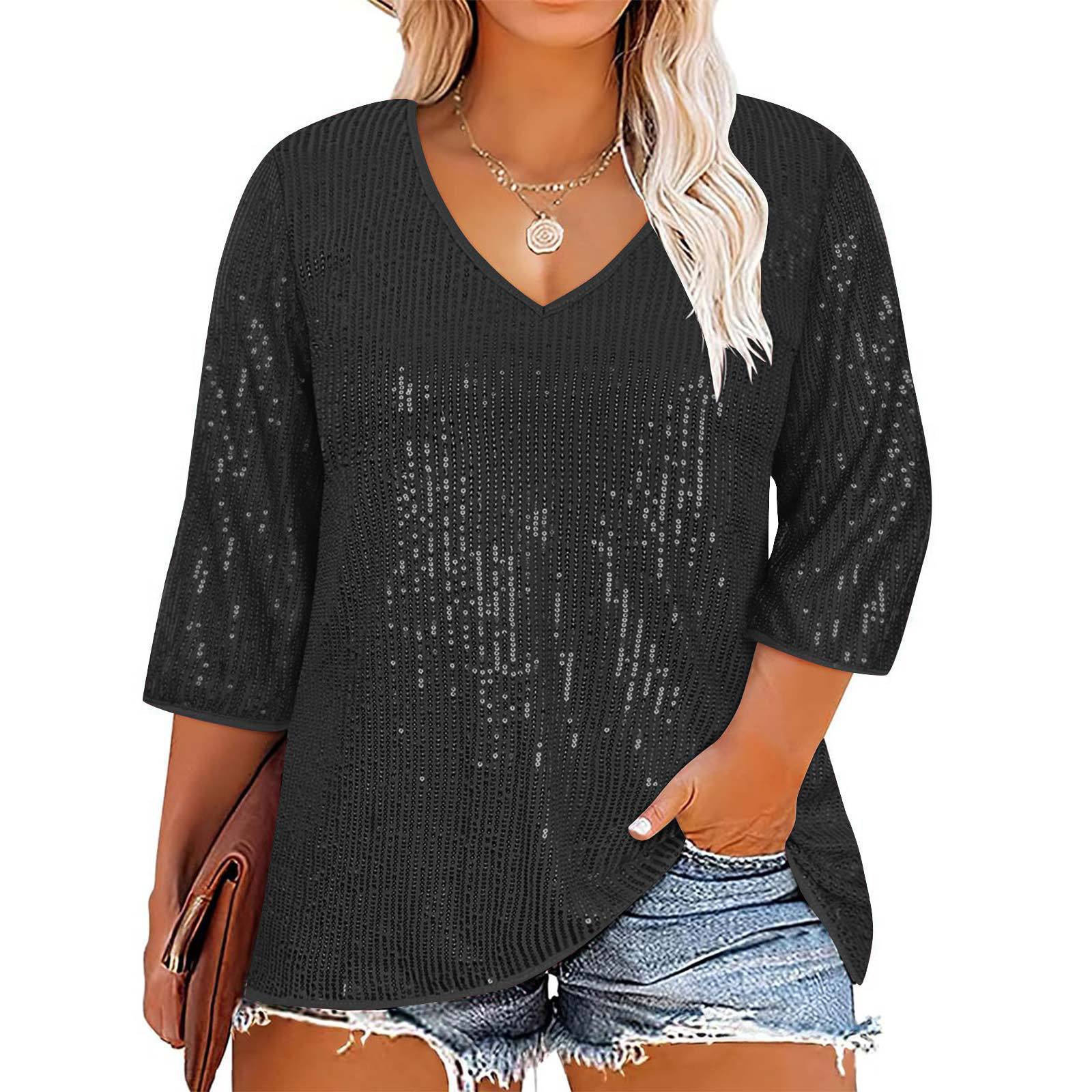 Women's loose top plus vintage bead V-neck sequin T-shirt