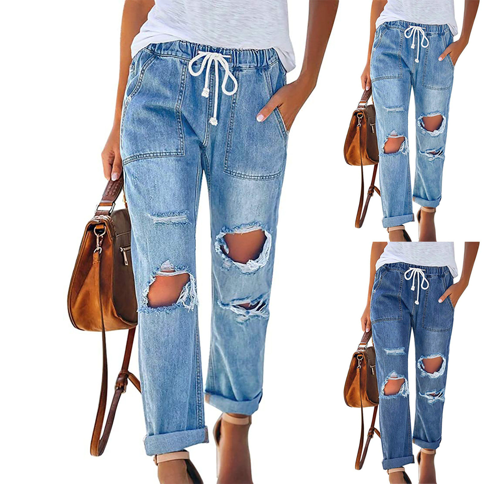 Elastic drawstring ripped women's jeans松紧抽绳破洞牛仔裤女