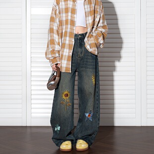 Embroidered Men向日葵阔腿牛仔裤 Wide Jeans 男 Leg Sunflower