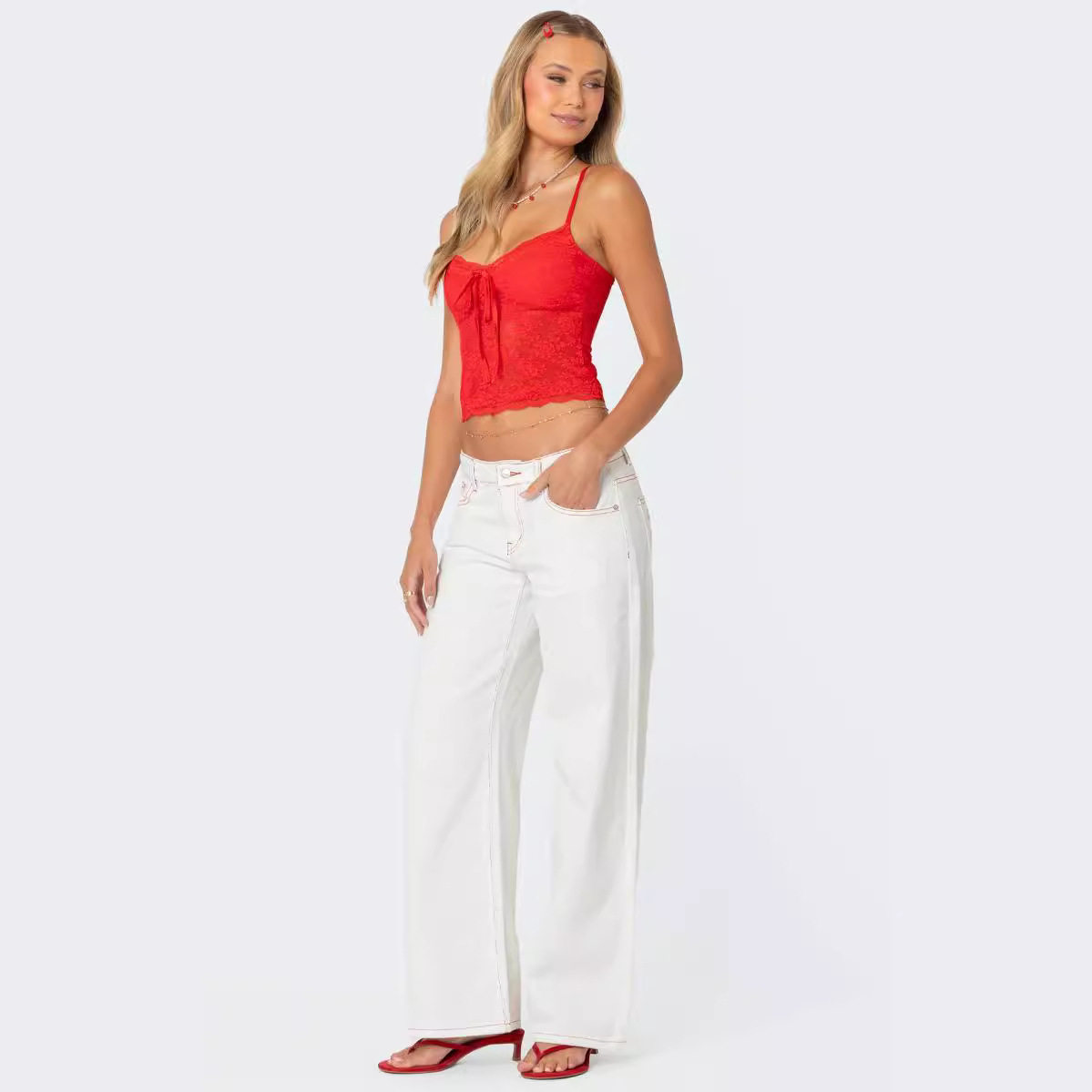 White women's jeans bow cute low waist女白色牛仔裤蝴蝶结低腰图片