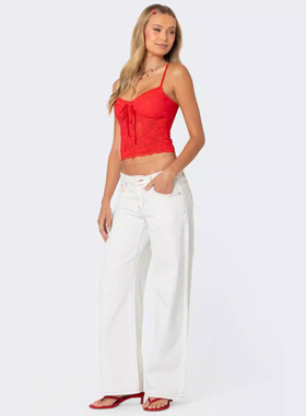 White women's jeans bow cute low waist女白色牛仔裤蝴蝶结低腰