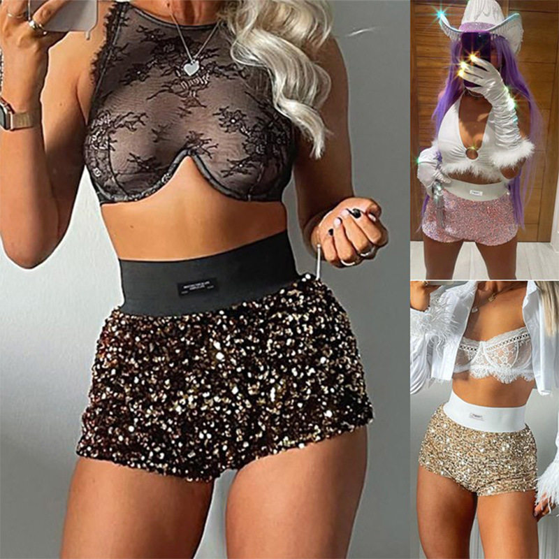 Sexy tight sequined super shorts 女士性感高腰修身亮片超短裤