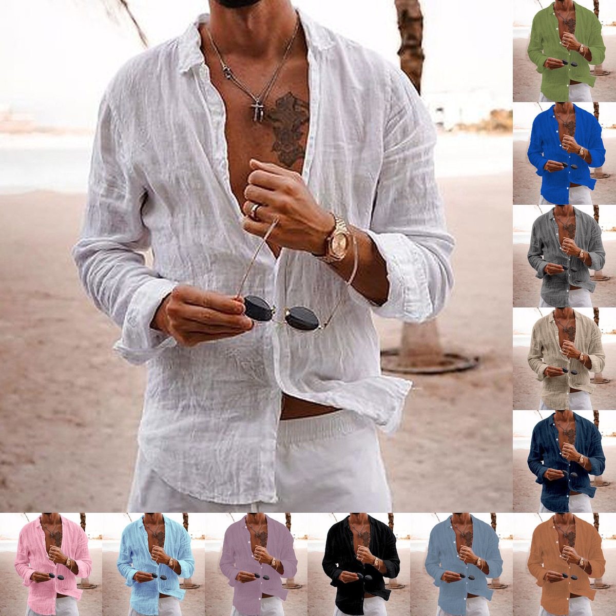 Men collar cotton linen long sleeved shirt男棉麻长袖上衣衬衣
