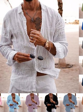 Men collar cotton linen long sleeved shirt男棉麻长袖上衣衬衣