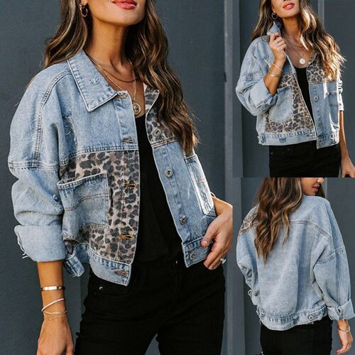 Women leopard print patchwork denim jacket牛仔外套女豹纹拼接