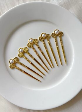 唐制复原风花纹珍珠点缀小钗传统盘发汉服襦裙百搭配饰头饰发钗