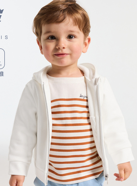 Jacadi亚卡迪法国男小童白色连帽外套2025秋新款抓绒卫衣2044037