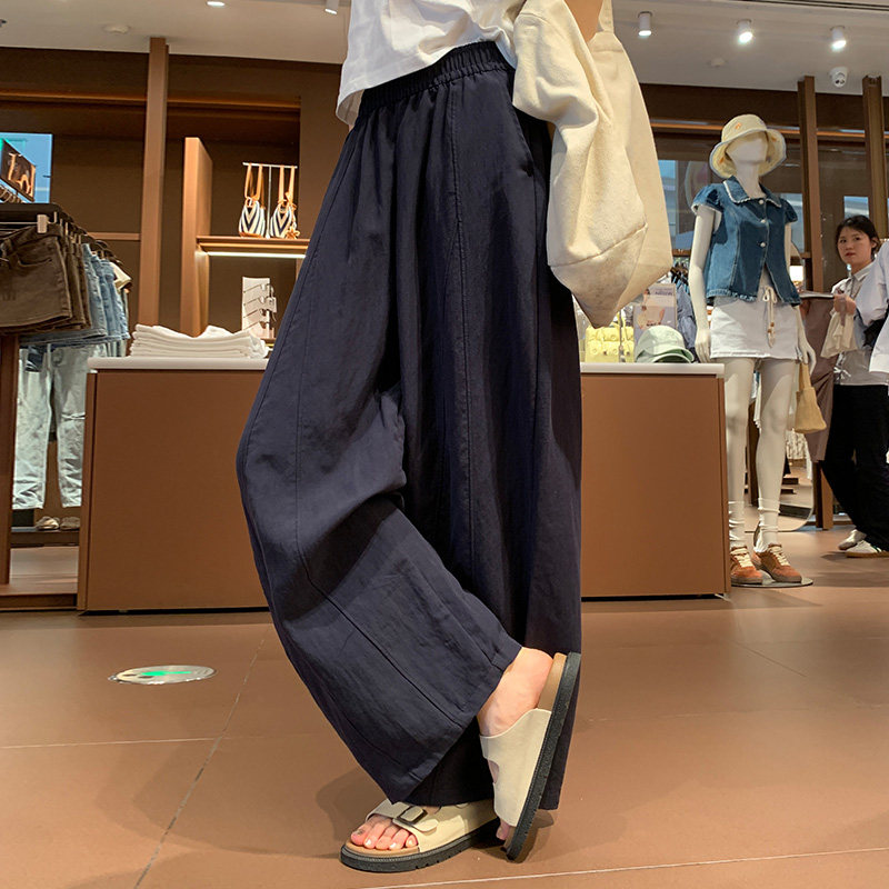 藏青色阔腿裤女夏薄款2026新款宽松小个子高腰休闲亚麻气球梧桐裤