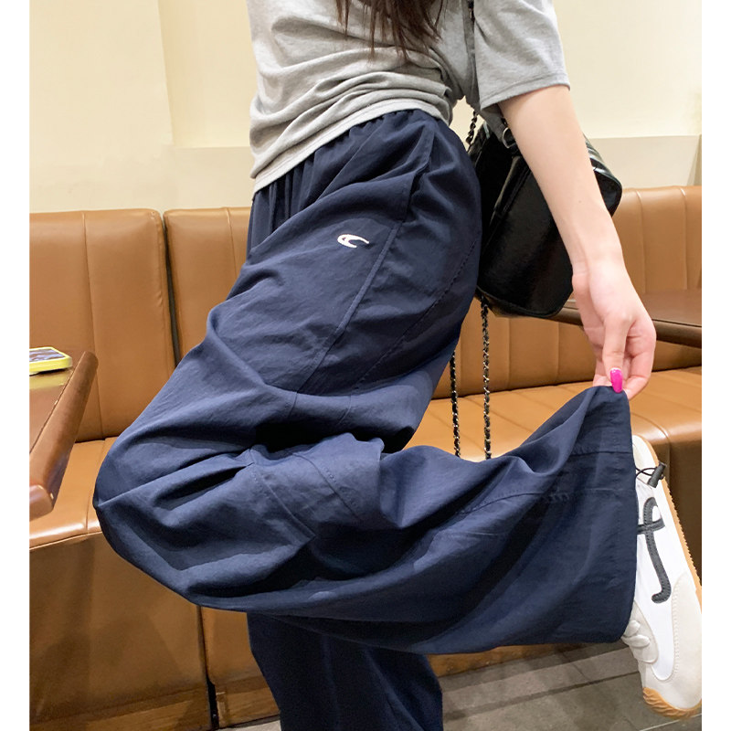 藏青色美式速干工装裤女春秋夏季2025新款高腰阔腿直筒休闲运动裤