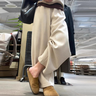 加绒高腰显瘦休闲直筒糯米裤 2025新款 女秋冬季 米白色山羊绒阔腿裤
