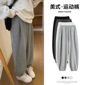 高腰垂感宽松阔腿休闲加绒卫裤 春秋冬季 女2026新款 灰色束脚运动裤