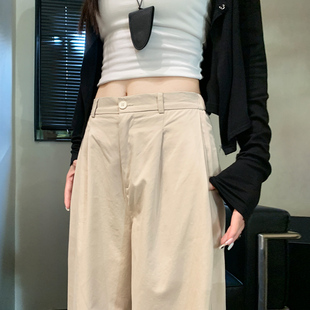 卡其色休闲阔腿裤女春秋季2025新款小个子高腰显瘦棉麻拖地牛仔裤